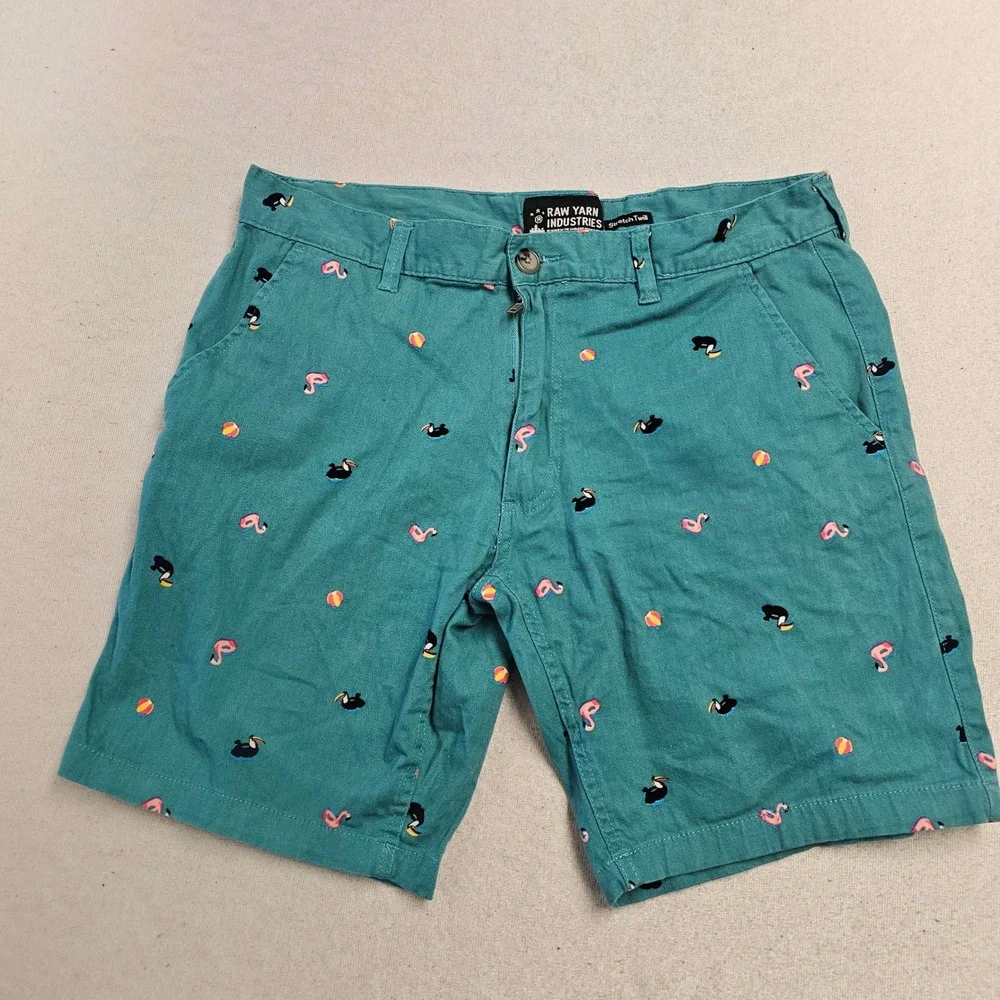 Raw Yarn Industries Mens 34 Stretch Twill Shorts Teal Flamingo Toucan Tropical